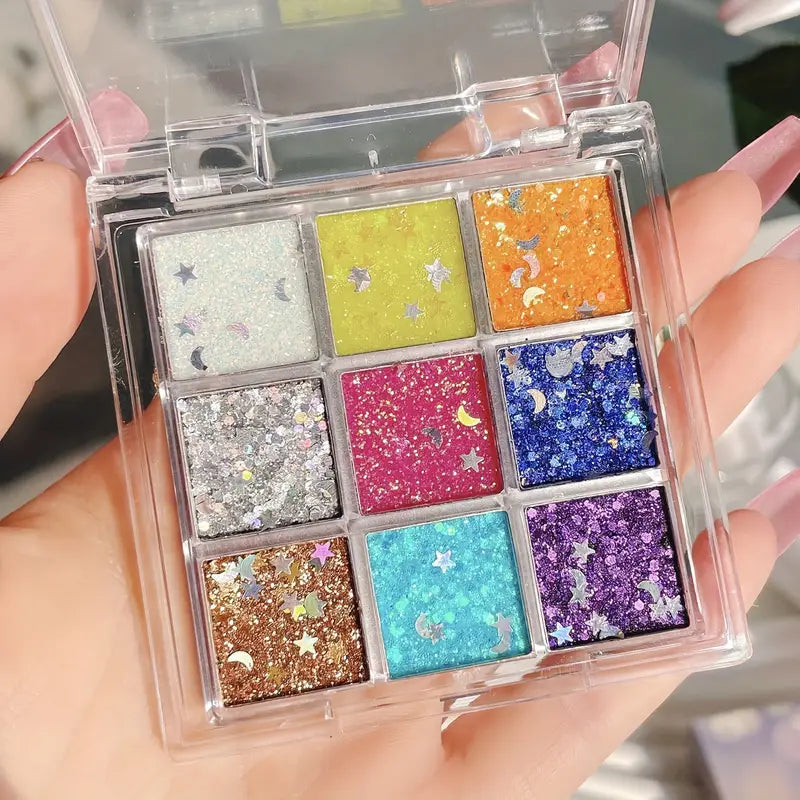 9 Colors Sequin Eyeshadow Palette, Multicolor Blush Highlighter Makeup Palette, Matte Glitter High Pigmented Natural Look Multifunctional Eyeshadow Palette