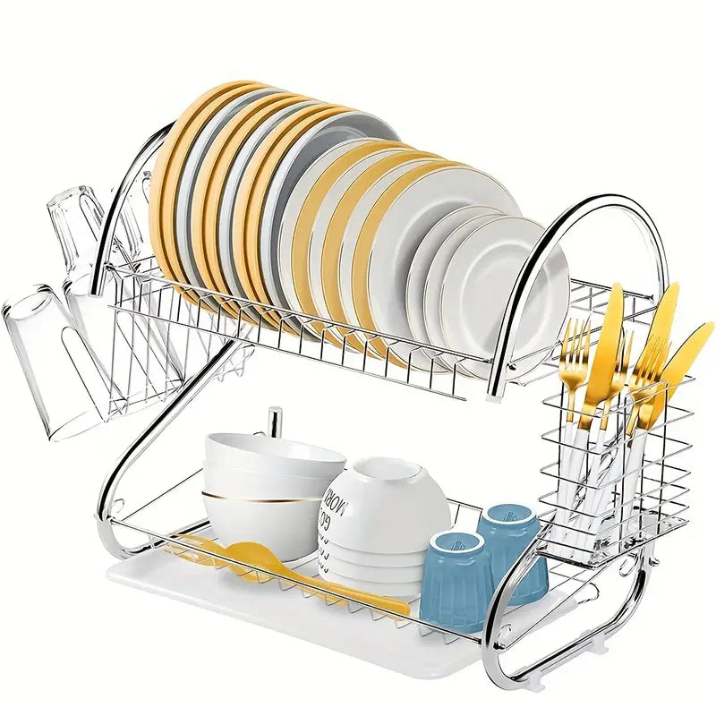1 Set Dish Drying Rack And Drainboard Set For Kitchen Counter, Dishes &Chopsticks&Spoons Collection Shelf Dish Dray Multifunctional S-Shaped Dual Layers Utensils Rack, Kitchen Accessories
