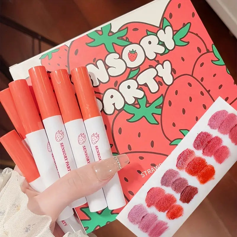 [Six Pcs Set] Strawberry Velvet Matte Misty Lip Glaze Non Fade Color Rendering Waterproof Non Stick Cup Gift Box For Women
