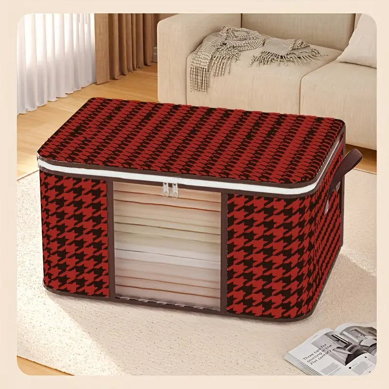 1/3pcs Red Houndstooth Storage Box With Handles, Large Reusable Box For Clothes, Books, Toys, Blankets＆Bedding, Household Space Saver Organizer For Closet, Wardrobe, Bedroom, Home, Dorm Bedroom Accessories