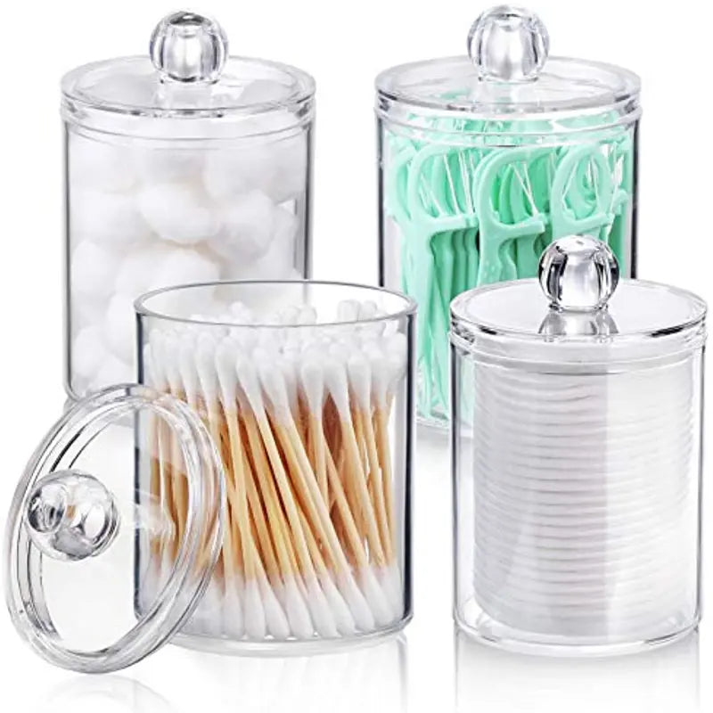 1 Pcs Qtip Holder Dispenser For Ball, Swab, Round Pads, Floss - 10 Oz Clear Plastic Apothecary Jar For Bathroom Canister Storage, Vanity Makeup Organizer