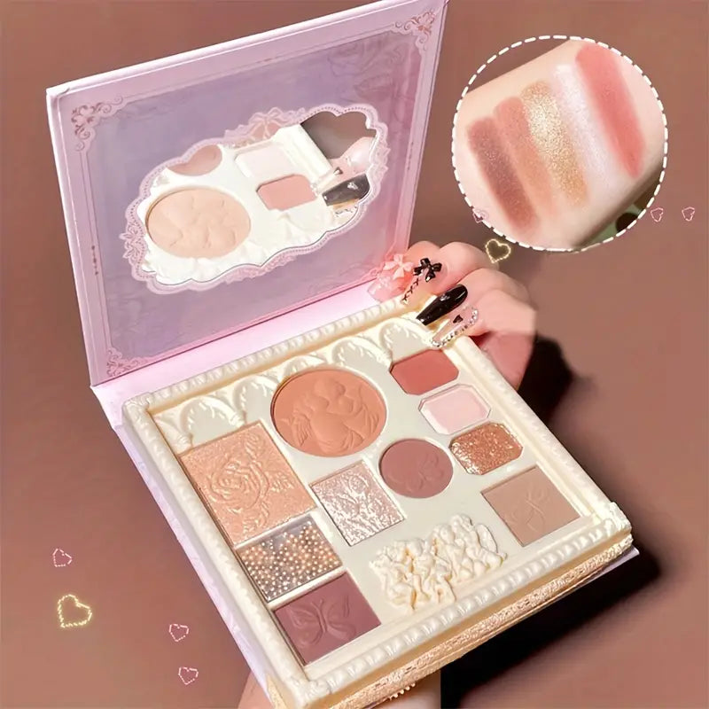 10 Color Relief Eyeshadow Palette, Contouring Highlighter Blush All In One Makeup Palette, Shining Eyeshadow With Mirror Cosmetics
