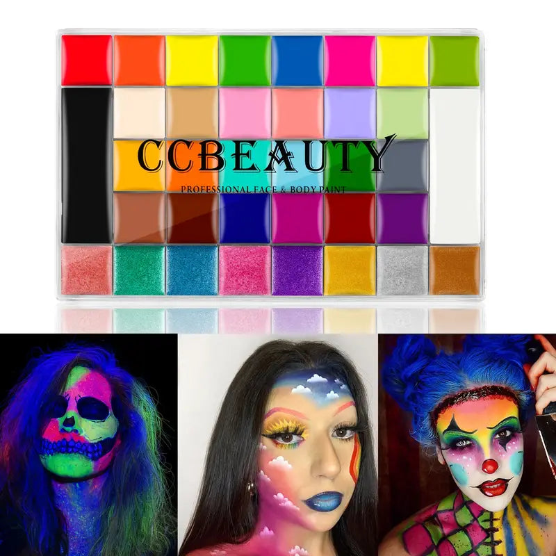 CCBEAUTY Professional 36 Colors Face and Body Paint Palette - Includes Pearl Shimmer, UV Glow, and Regular Colors - Ideal for Large Face Painting Projects