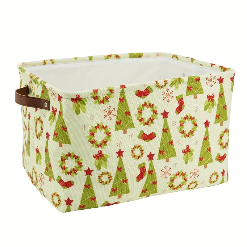 1pc Christmas Storage Basket, Large Canvas Storage Box With PU Leather Handle, Dirty Clothes Basket, Storage Toys, Towels, Books, Christmas Gifts For Organizing Shelves Closets, Bedroom, Home Decor, Home Organization And Storage Supplies