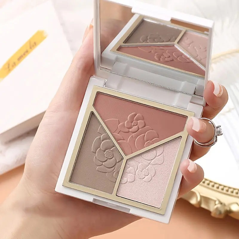 3-in-1 Makeup Palette with Brush: Highlight, Contour, Blush & Glow!
