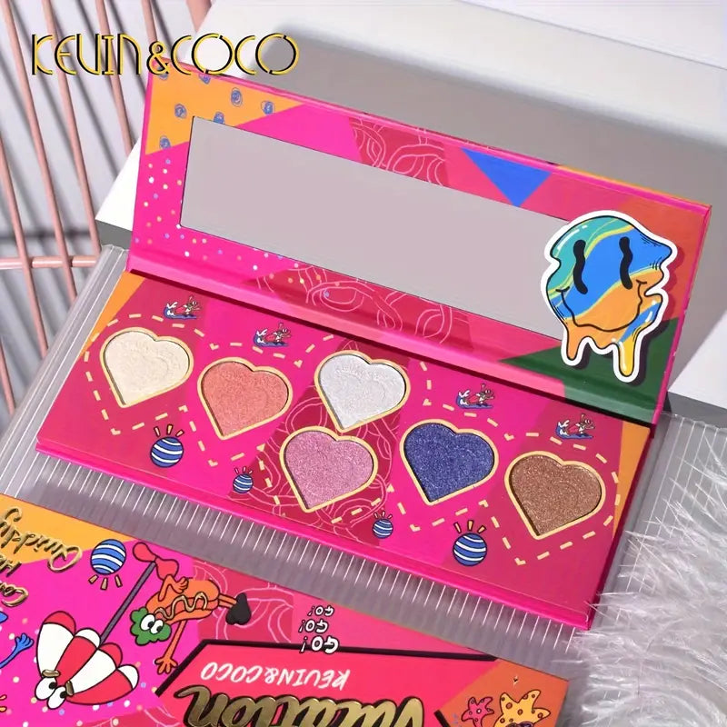 6 Colors Eyeshadow Highlighter Palette, Beach Party Highlighter Makeup Delicate Powder Silky Smooth Texture Watery Glossy Red Color Tone Eyeshadow Palette