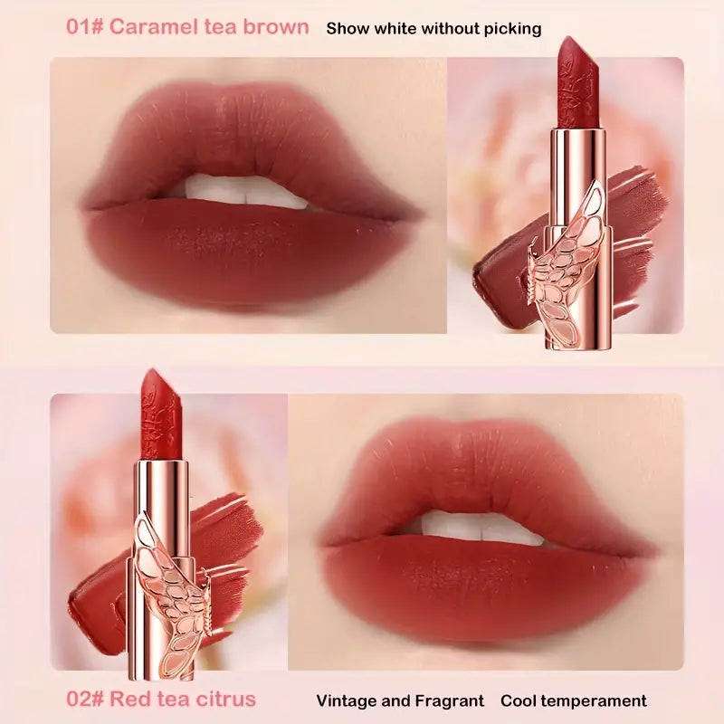 Matte Misty 2 Colors Butterfly Lipstick Caramel Tea Brown+Red Tea Citrus Silky Mist Velvet Light Dual Color Lipstick Soft, Smooth, Easy To Apply Makeup, Durable Non Stick Cup Color Rendering