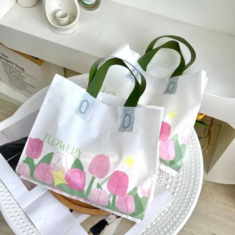 50pcs, Bags Opp Packaging Tulip Clothing Store Handbags Plastic Shopping Gift Packaging Bags Clothes Good-looking Bags, Shop Bags, Flower Tote Bags, Travel Bags, Underwear Bags, Birthday Bags, Shopping Bag, Party Bag, Party Gift Bag, Craft Tote Bag